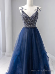 Blue Tulle Beaded Long Prom Dress, A-Line Spaghetti Strap Formal Evening Dress