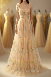 Champagne Lovely Tulle Lace Long Evening Prom Dresses, Champagne Evening Dresses