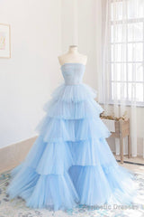 Blue Layers Tulle Long Prom Dresses, A-Line Strapless Evening Dresses