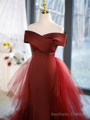 Mermaid V-Neck Satin Long Prom Dress, Burgundy Off Shoulder Evening Dress with Bow