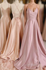Simple V-Neck Satin Long Evening Prom Dresses, A-Line Backless Evening Dresses