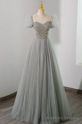 Gray Tulle Beading Long Prom Dress, A-Line Short Sleeve Evening Dress