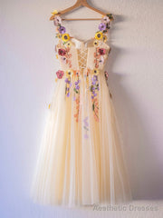 Champagne Corset Floral Tulle Party Dress, Cute A-Line Homecoming Dress