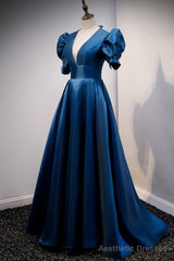 Blue V-Neck Satin Long Prom Dresses, A-Line Blue Evening Dresses