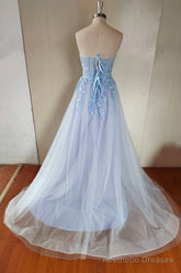 Blue Strapless Lace Long A-Line Prom Dress, Blue Evening Party Dress