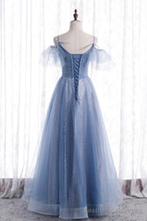 Blue Tulle Long A-Line Prom Dresses, Blue Spaghetti Strap Evening Dresses