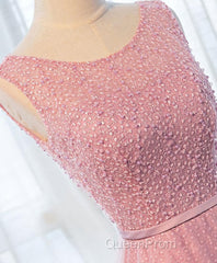 A Line Round Neck Tulle Long Evening Prom Dresses, Lace Evening Dresses