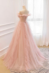 Pink Tulle Long Prom Dresses, A-Line Graduation Dresses