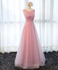 A Line Round Neck Tulle Long Evening Prom Dresses, Lace Evening Dresses
