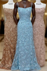 Straps Mermaid Blue Lace Appliques Long Evening Prom Dresses