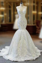 White Mermaid Sequins V-neck Appliques Beading Wedding Dresses