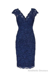 Sexy V Neck Navy Blue Lace Short Mother of the Bride Dress
