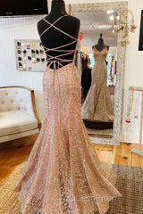 Mermaid V-Neck Rose Gold Long Evening Prom Dresses with Criss Cross Back