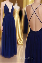 Simple A-line V Neck Navy Blue Long Evening Prom Dresses