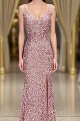 Gorgeous Mermaid V-Neck Pearl Pink Long Evening Prom Dresses with Slit