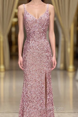 Gorgeous Mermaid V-Neck Pearl Pink Long Evening Prom Dresses with Slit