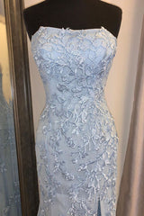 Elegant Strapless Mermaid Sky Blue Long Lace Evening Prom Dresses with Slit