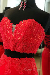 Elegant Two Piece Sweetheart Beaded Red Evening Prom Dresses with Lace-up Back