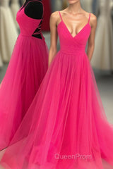 V Neck A-line Hot Pink Long Evening Prom Dresses with Lace-up Back