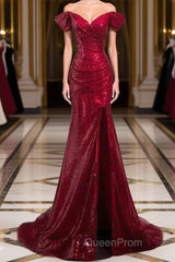 Dark Red Sequins Mermaid Sweetheart Evening Prom Dresses, Dark Red Evening Dresses