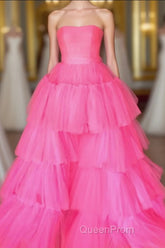 Elegant Strapless Layered Hot Pink Long Evening Prom Dresses with Slit