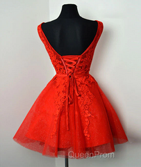 Red Lace Round Neckline Short Party Dresses, Red Short Homecoming Dresses