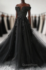 Black Off Shoulder Tulle Long Evening Dresses Evening Prom Dresses, Black Lace Formal Dresses