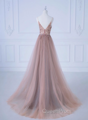 Pink V-Neckline Beaded Straps Long Party Dresses, A-Line Pink Tulle Floor Length Evening Prom Dresses