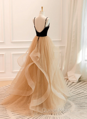 A-Line Champagne Tulle Sweetheart Beaded Long Evening Prom Dresses, Tulle Layers Party Dresses