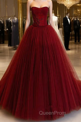 Wine Red Tulle Scoop Long Formal Dresses, Wine Red Tulle Evening Prom Dresses Party Dresses