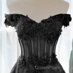 A-Line Off Shoulder Black Tulle With Lace Party Dresses, Black Long Evening Prom Dresses