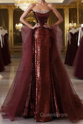 Wine Red Sequins and Tulle Beaded Long Party Dresses, Wine Red Evening Dresses
