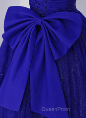 Royal Blue Scoop Tulle Short Sleeves Long Evening Prom Dresses, Royal Blue A-Line Party Dresses