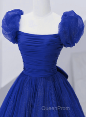 Royal Blue Scoop Tulle Short Sleeves Long Evening Prom Dresses, Royal Blue A-Line Party Dresses