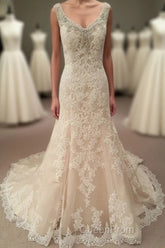 Mermaid Long Champagne Bridal Dresses with Lace