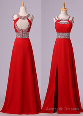 2025 Gorgeous Red Beading Open Back Chiffon Prom Dresses