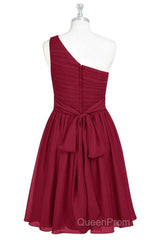 Wine Red Chiffon One-Shoulder Gathered Short Bridesmaid Dresses