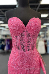 Hot Pink Appliques Strapless Mermaid Long Evening Prom Dresses