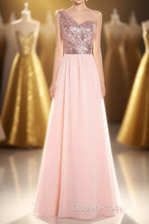 One-Shoulder Sequin and Chiffon A-Line Long Bridesmaid Dresses