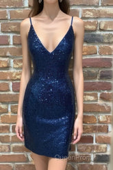 Cute Navy Blue Sequins Tight Mini Homecoming Dresses