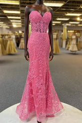 Hot Pink Appliques Strapless Mermaid Long Evening Prom Dresses