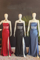 Black Strapless Mermaid Satin Long Evening Prom Dresses with Slit