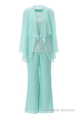 Aqua Three-Piece Chiffon Mother of the Bride Pant Suits