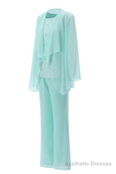 Aqua Three-Piece Chiffon Mother of the Bride Pant Suits