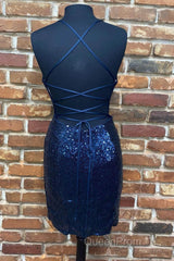 Cute Navy Blue Sequins Tight Mini Homecoming Dresses
