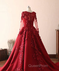 Burgundy Lace Satin Long Evening Prom Dresses, Burgundy Lace Evening Dresses