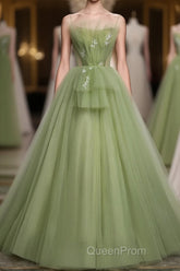 Green Tulle Long Evening Prom Dresses, Green Tulle Formal Dresses