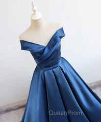 Simple Blue Satin Long Evening Prom Dresses, Blue Formal Dresses