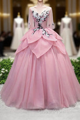 Pink V Neck Tulle Lace Applique Long Evening Prom Dresses, Pink Evening Dresses, 1