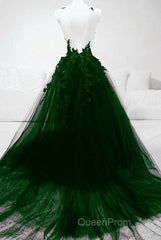 Dark Green Tulle With Lace Deep Neckline Backless Evening Prom Dresses, Dark Green Party Dresses